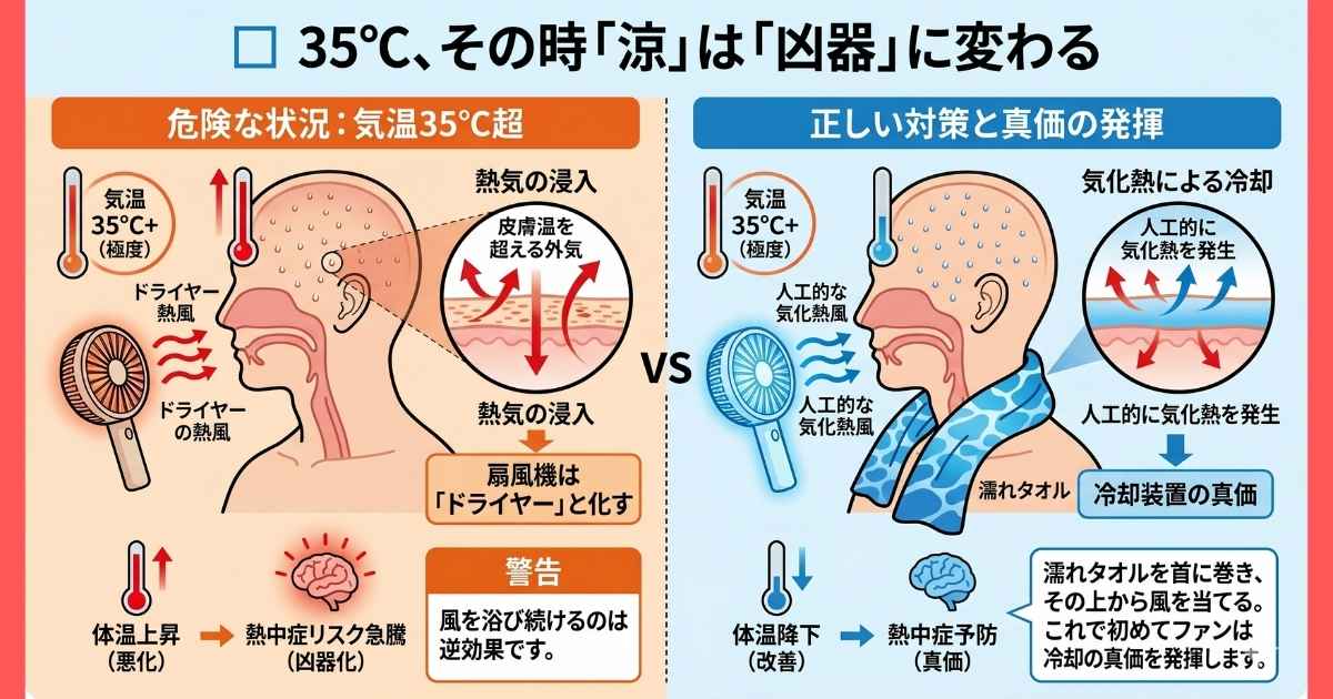 35度以上の猛暑でハンディファンを単体で使い、熱風で体温が上がってしまうリスクを示すイラストと、濡れタオルを首に巻いて風を当てる正しい冷却方法の比較図。