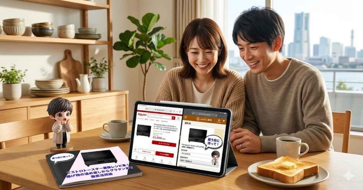 タブレットで「ふるさと納税」や「楽天」の画面を見ながら、ビストロトースターを注文しようとしている幸せな夫婦の姿