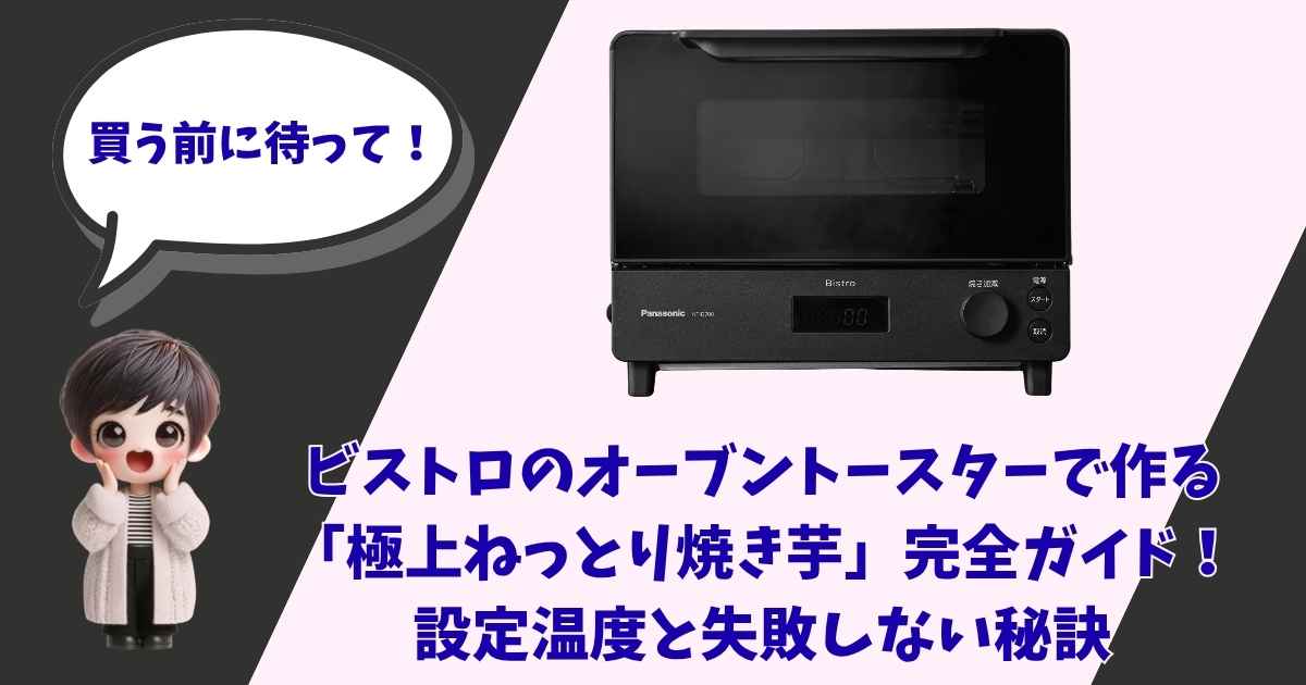 パナソニックのオーブントースター「ビストロ」と、驚いた表情で「買う前に待って！」と吹き出しで話す女の子のイラスト。
