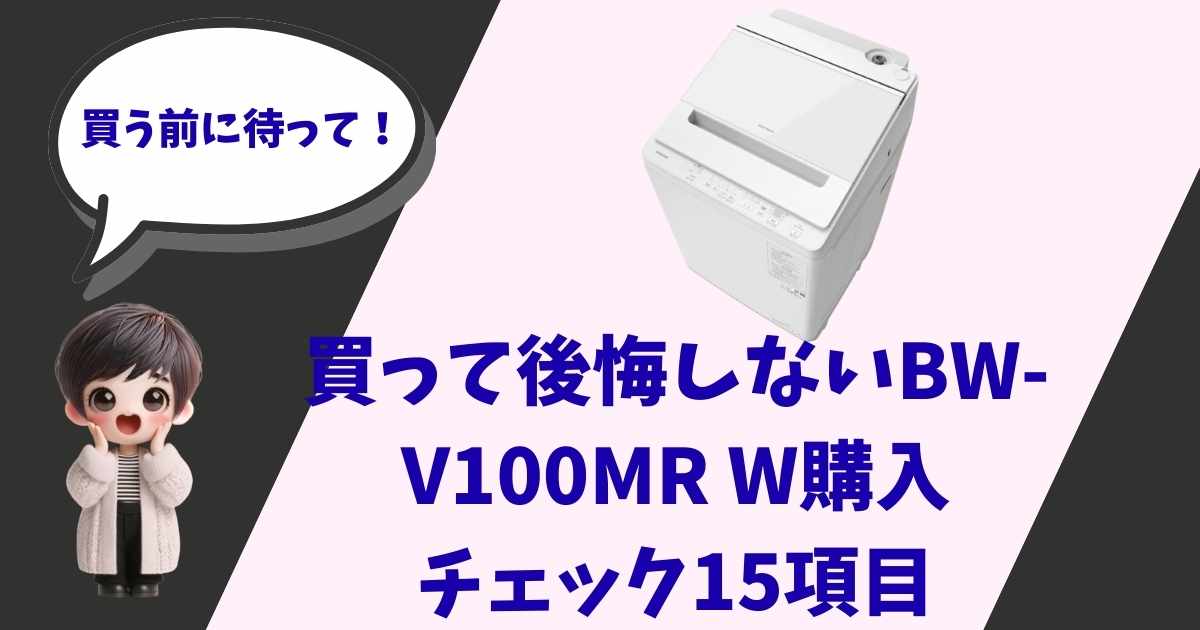 「買う前に待って！」と吹き出しで話すショートカットの女の子のイラストと、日立の洗濯機ビートウォッシュ（BW-V100MR W）の製品画像。「買って後悔しない購入チェック15項目」というキャッチコピーが入ったアイキャッチ画像。